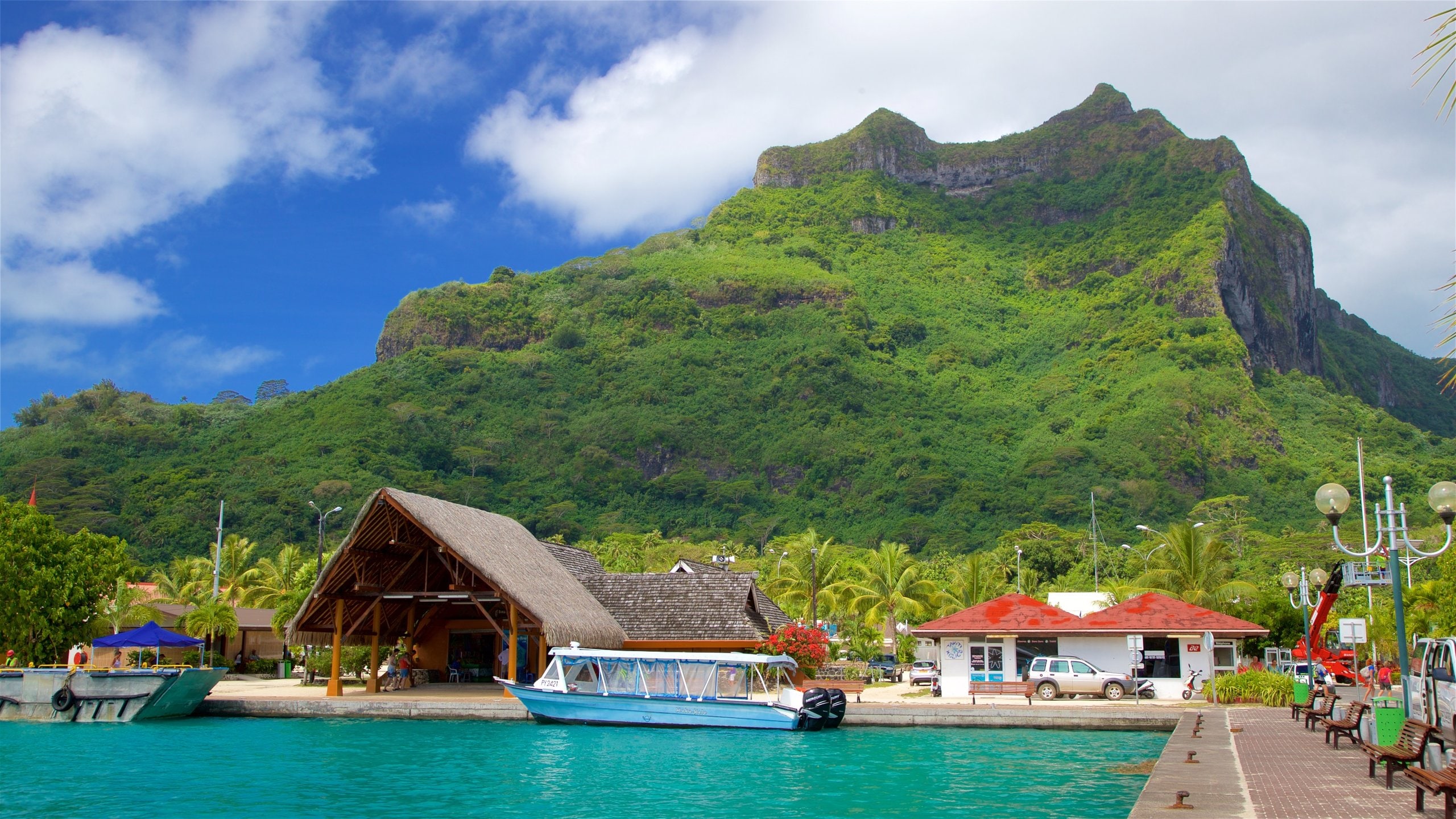 Vaitape Harbor showing mountains, general coastal views and tropical scenes