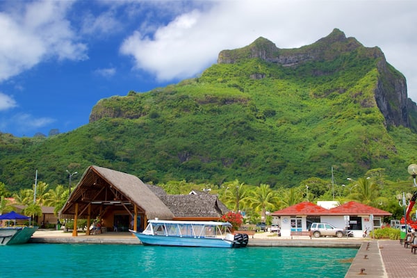 Vaitape Harbor which includes general coastal views, mountains and tropical scenes