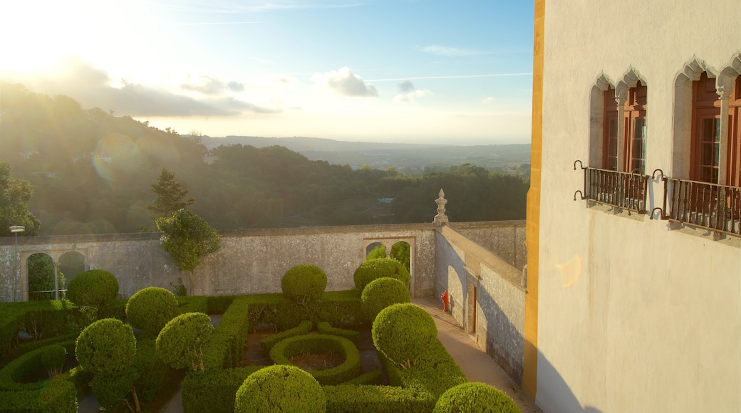 Sintra Nationalpalads som viser fredfyldte omgivelser, en solnedgang og en have
