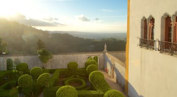 Sintra Nationalpalads som viser fredfyldte omgivelser, en solnedgang og en have