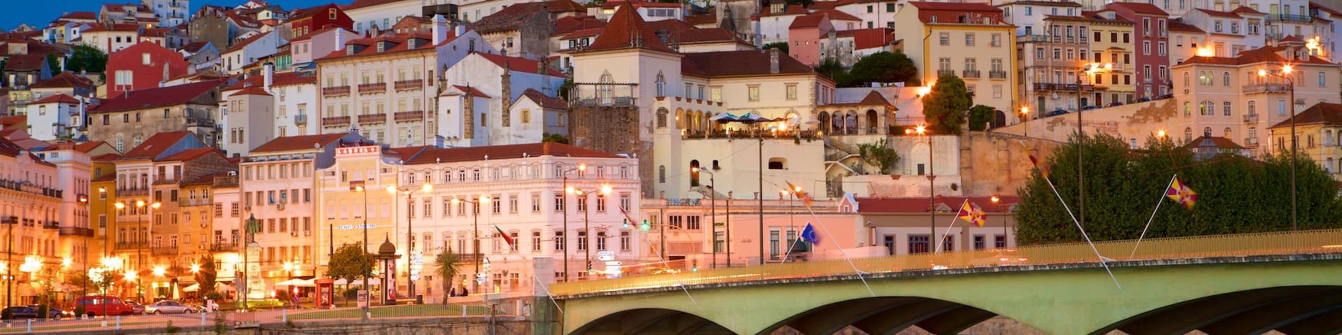 Coimbra showing a bridge, night scenes and a city