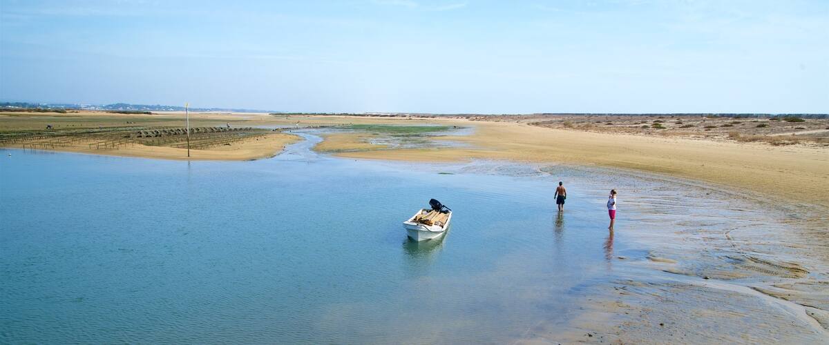 Playa Fuzeta mostrando situaciones tranquilas y un lago o laguna y también una pareja