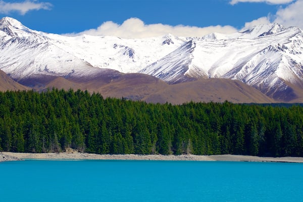 Lake Pukaki welches beinhaltet Berge, See oder Wasserstelle und Schnee