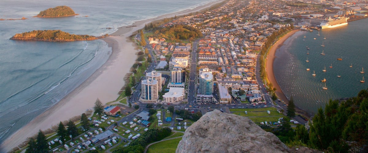 Mount Maunganui showing a sandy beach, general coastal views and a city