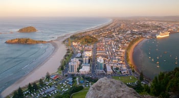 Mount Maunganui showing a sandy beach, general coastal views and a city