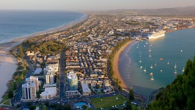 Mount Maunganui showing a coastal town, a bay or harbor and general coastal views