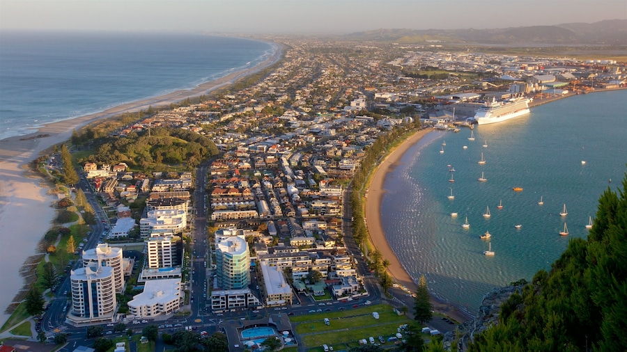 Mount Maunganui showing a coastal town, a bay or harbour and general coastal views