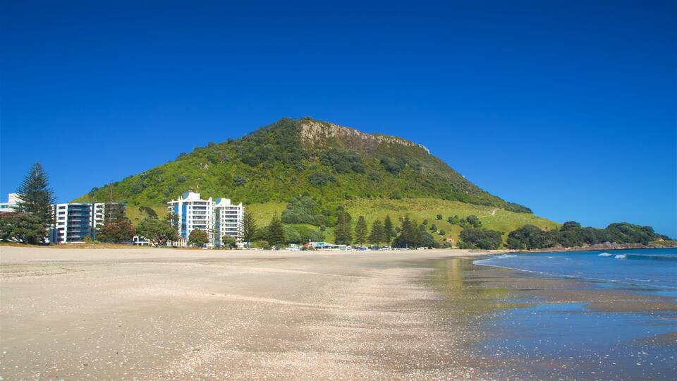 Mount Maunganui que incluye montañas, una playa y vista general a la costa