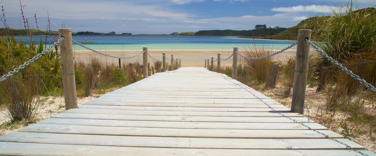 Kai Iwi Lakes featuring a bay or harbour and a beach