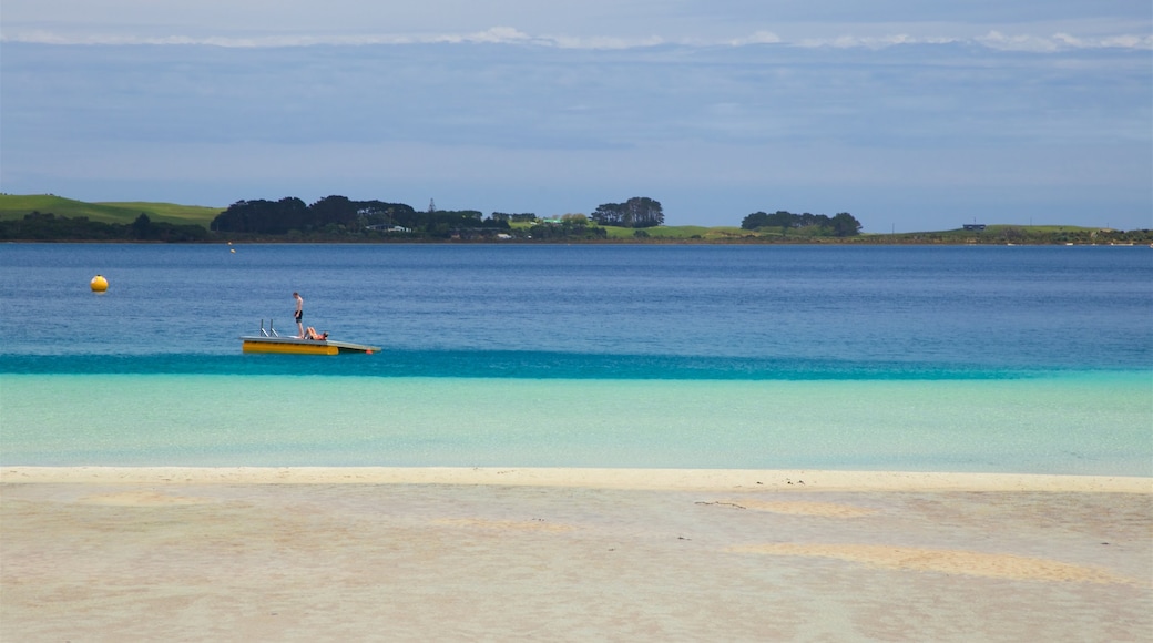 Kai Iwi Lakes which includes a sandy beach, a bay or harbor and boating