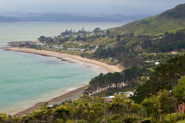 Omapere das einen allgemeine Küstenansicht, Strand und Küstenort