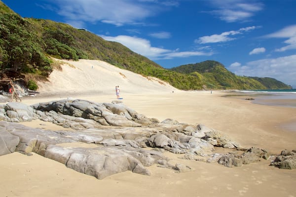 Mangawhai Heads Beach welches beinhaltet allgemeine KĂŒstenansicht und Sandstrand