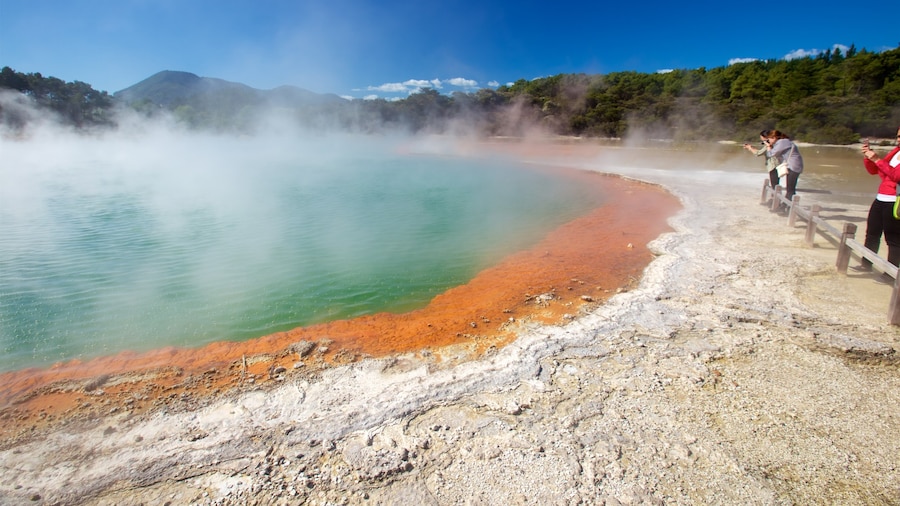 Wai-O-Tapu Thermal Wonderland featuring mist or fog and a hot spring as well as a small group of people