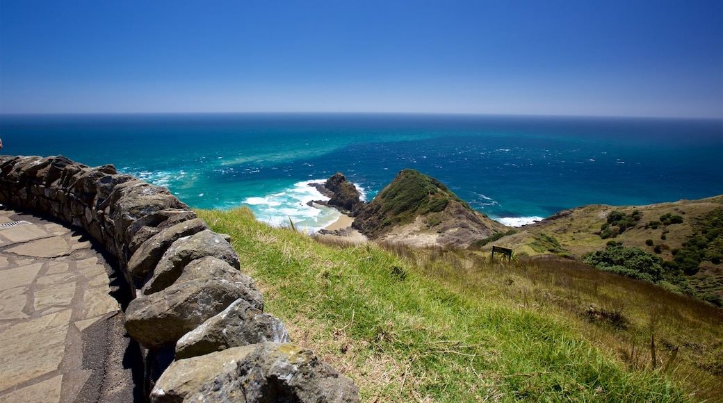 Cape Reinga Lighthouse featuring rocky coastline and general coastal views