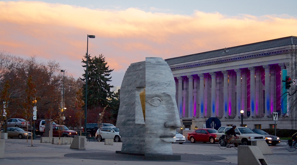 Denver featuring a square or plaza, a sunset and outdoor art