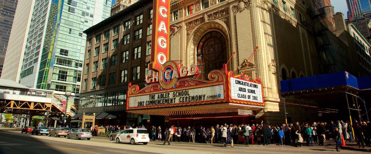 Chicago which includes a city, signage and heritage elements