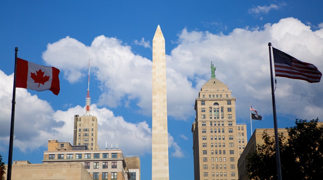 Buffalo showing a monument, a city and a skyscraper