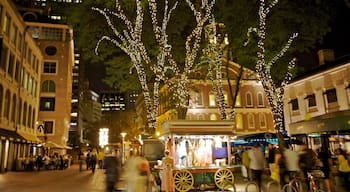 Downtown Boston che include paesaggio notturno e città cosi come un piccolo gruppo di persone