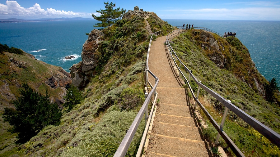 Muir Beach ofreciendo costa escarpada, vistas y vistas generales de la costa