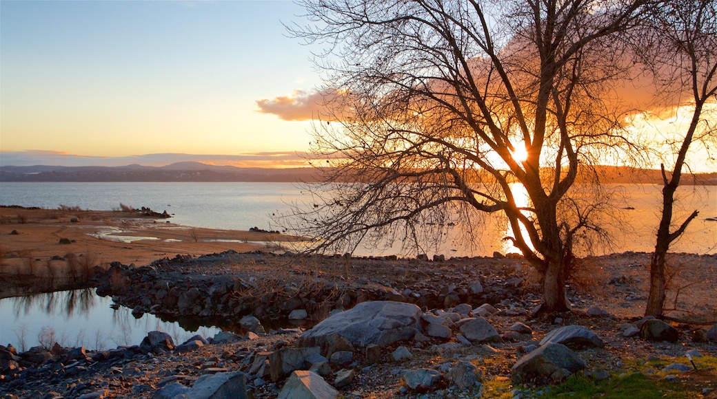 Folsom Lake State Recreation Area mettant en vedette lac ou étang et coucher de soleil