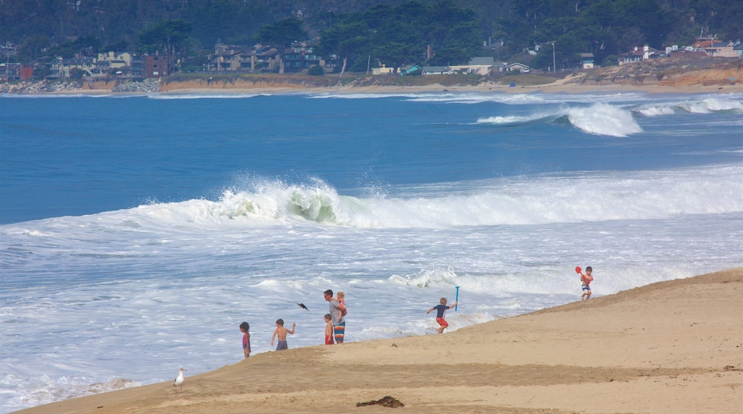 Half Moon Bay showing a beach and general coastal views as well as a small group of people