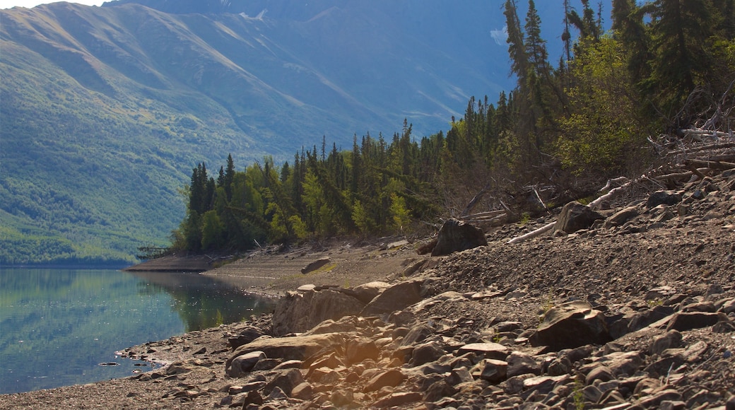 Eklutna Lake featuring a lake or waterhole, mountains and tranquil scenes