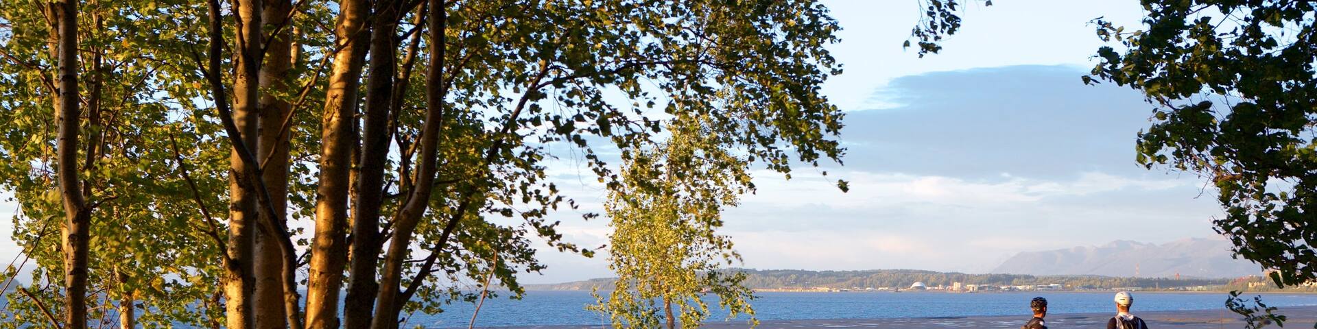 Tony Knowles Coastal Trail featuring tranquil scenes and a sunset as well as a couple
