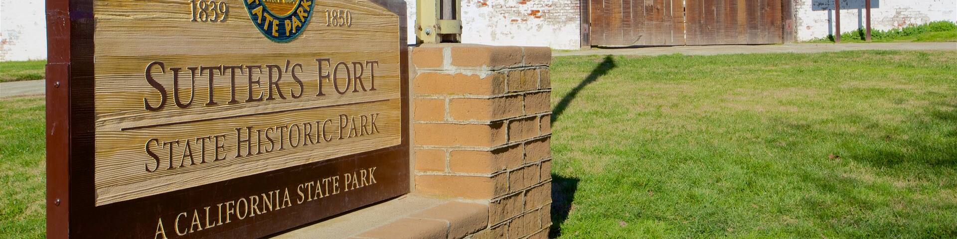 Sutter\'s Fort State Historic Park which includes heritage elements and signage
