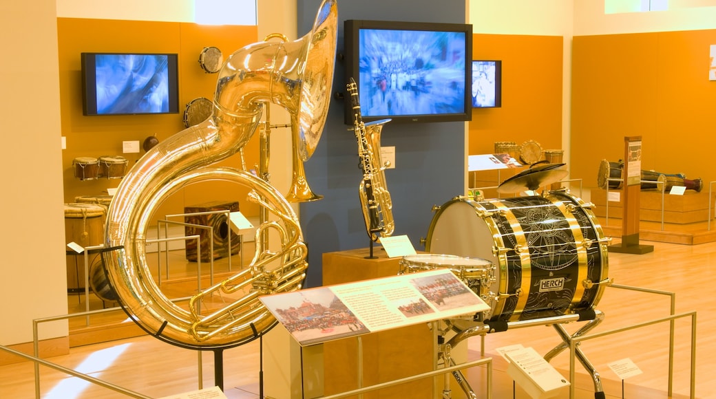 Museu dos Instrumentos Musicais mostrando vistas internas e música