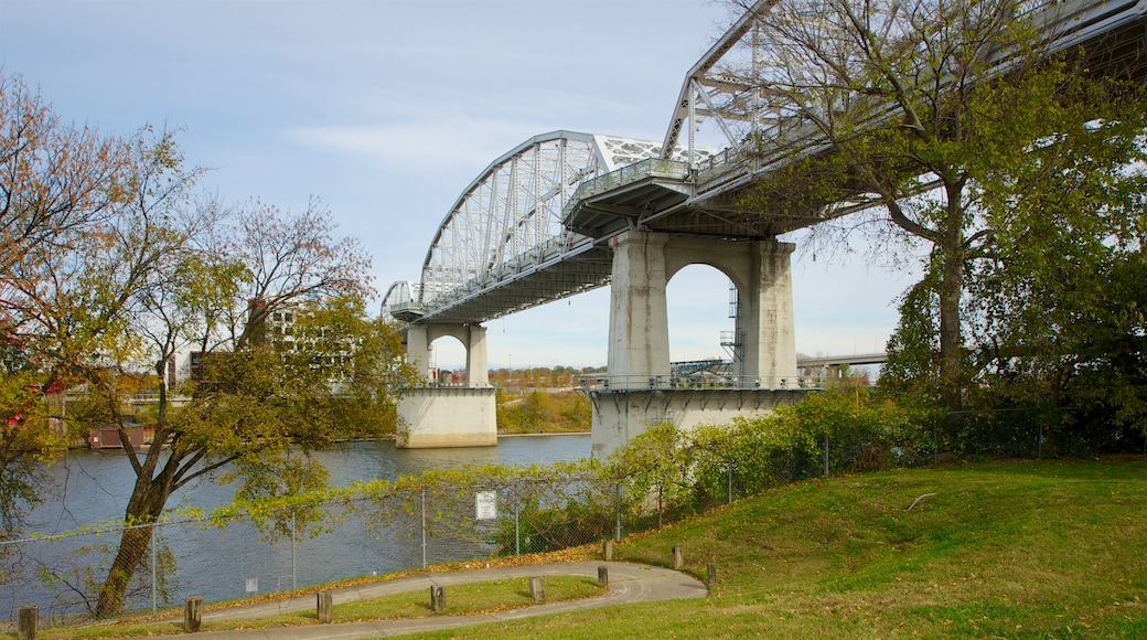 Riverfront Park showing a garden, a bridge and a river or creek