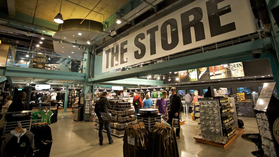 Guinness Storehouse featuring shopping, interior views and signage