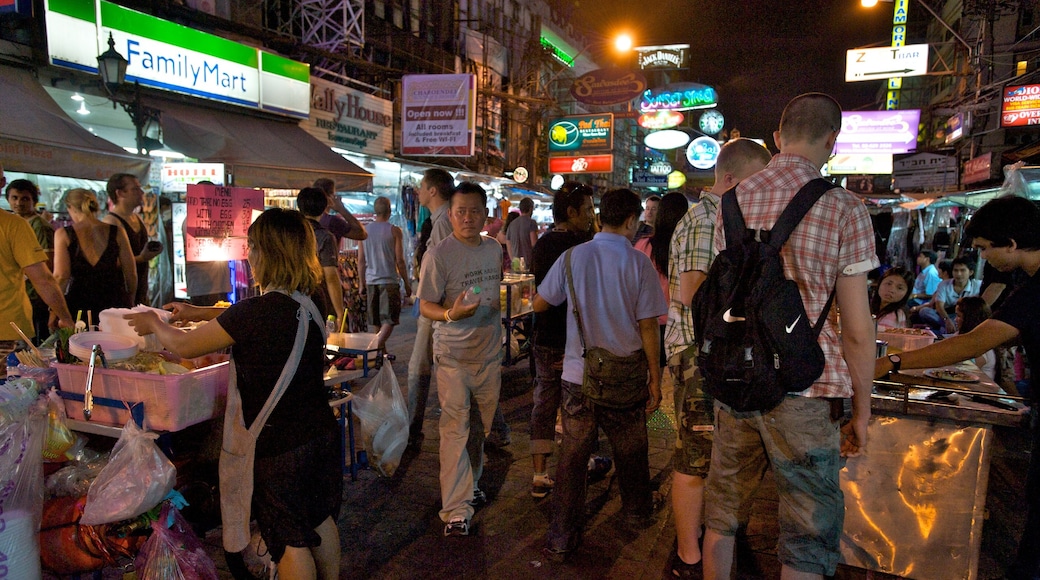 Khao San Road featuring markets, nightlife and night scenes