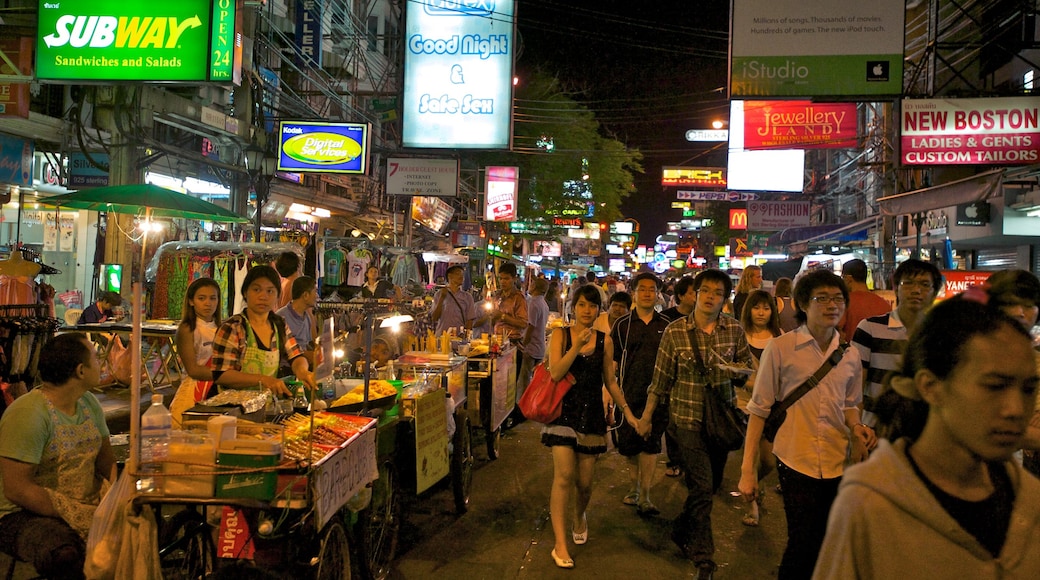 Khaosan Road das einen bei Nacht, Beschilderung und Stadt