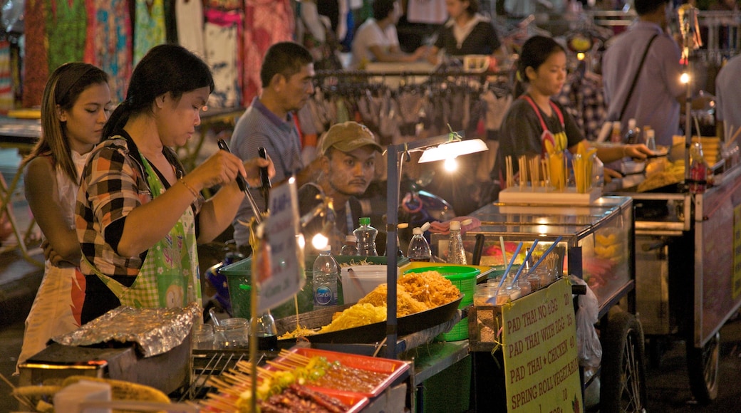 Khao San Road which includes street scenes, interior views and food