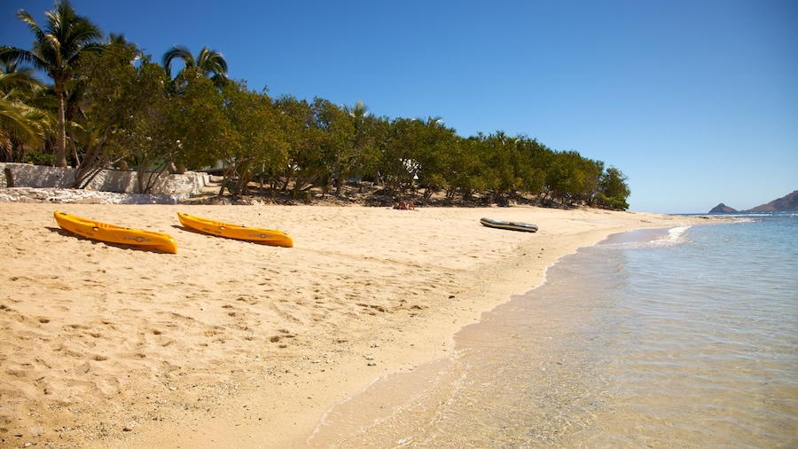 Fiji ofreciendo escenas tropicales, una playa y kayak o canoa