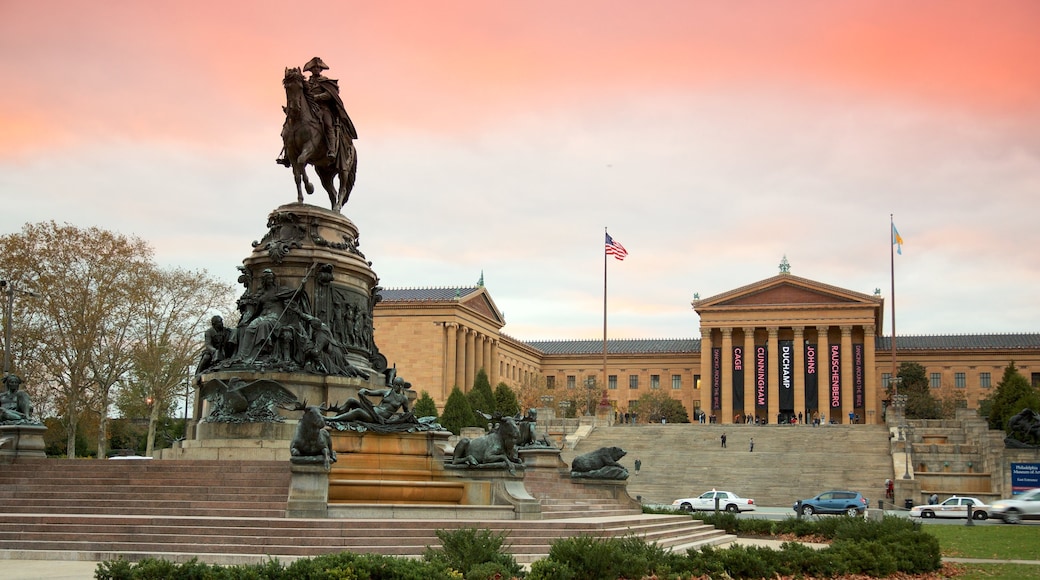 Philadelphia Museum of Art featuring a statue or sculpture, heritage elements and a sunset