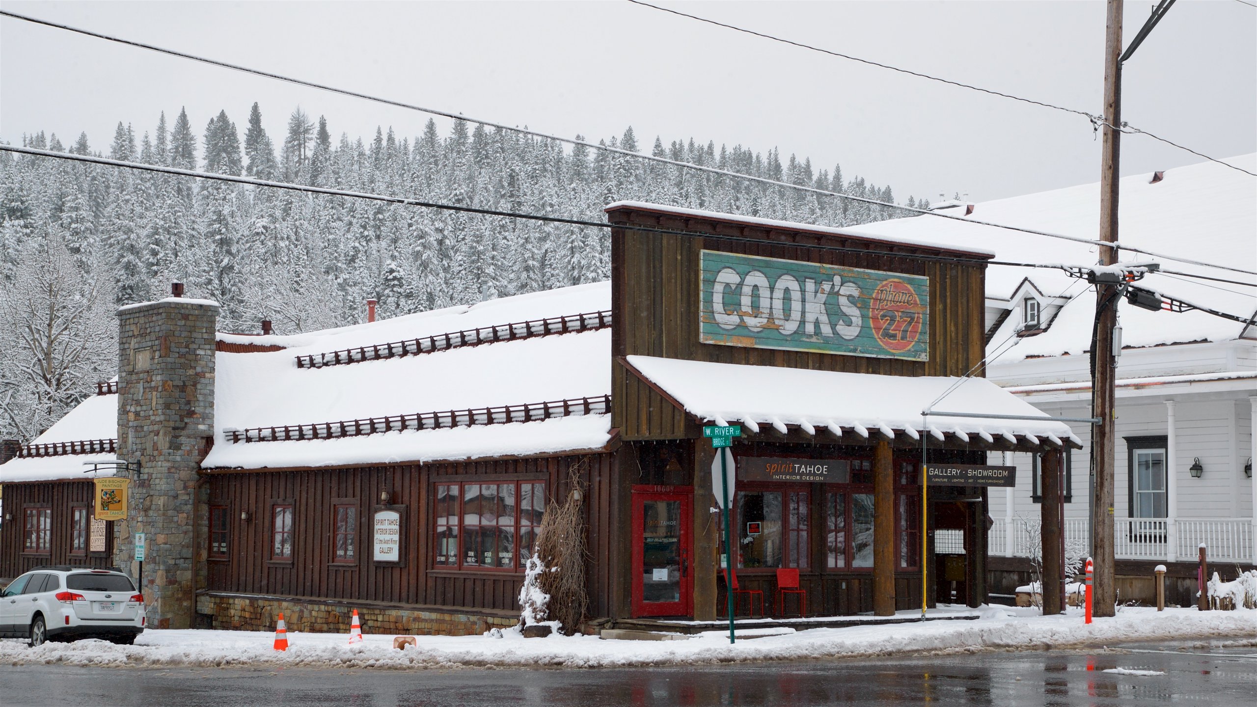 Truckee featuring snow, a small town or village and signage