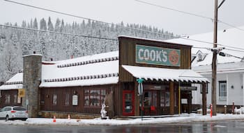 Truckee showing a small town or village, signage and snow