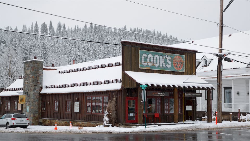 Truckee showing a small town or village, signage and snow