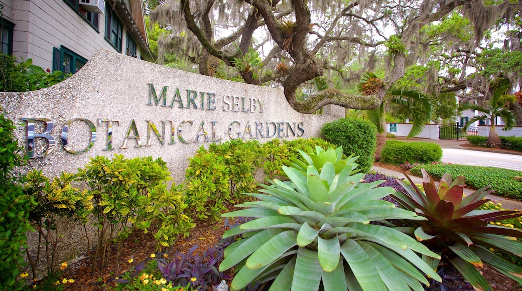 Marie Selby Botanical Gardens que incluye señalización, un parque y flores silvestres