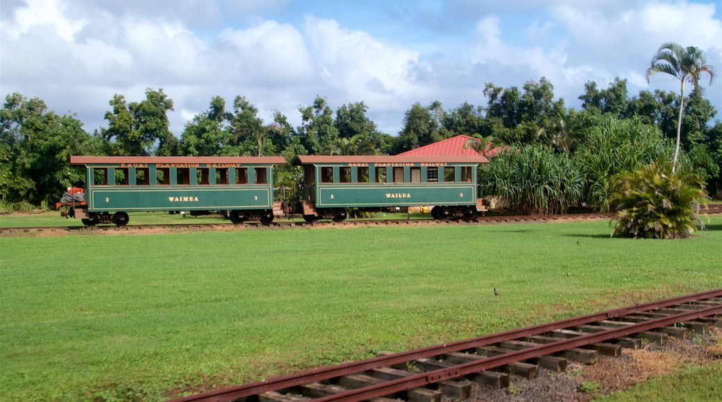 Plantación de Kilohana mostrando elementos del patrimonio, un jardín y artículos de ferrocarril