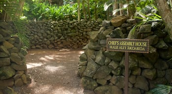 Kamokila Hawaiian Village mostrando sinalização e um jardim