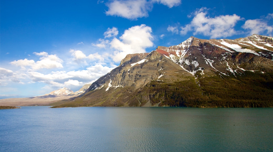 St. Mary Lake which includes tranquil scenes, landscape views and mountains