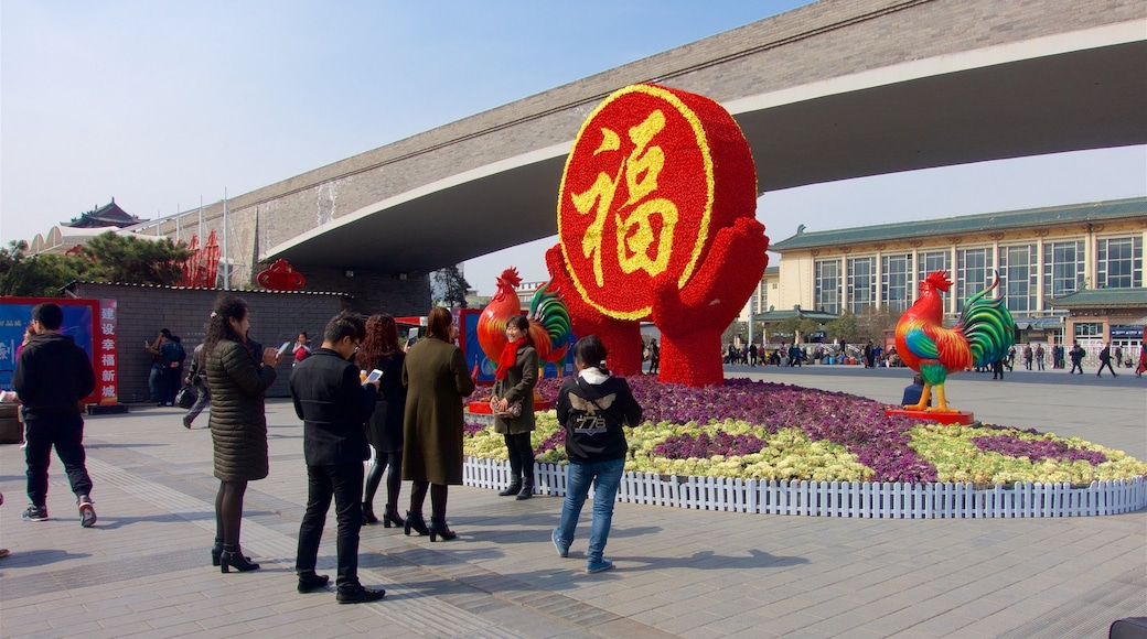 Xi\'an featuring a square or plaza, flowers and a bridge