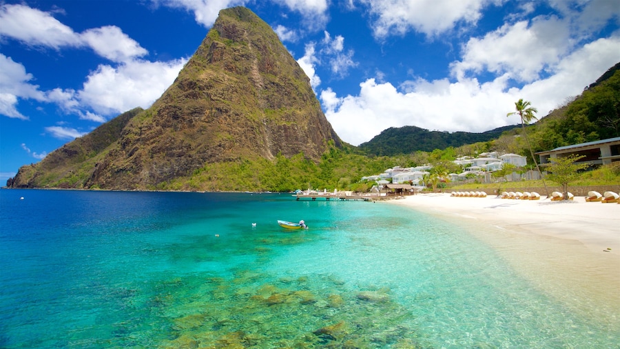 Jalousie Beach which includes mountains, a sandy beach and general coastal views