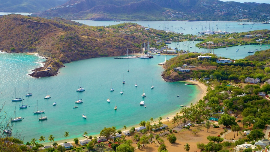 Shirley Heights showing a coastal town, a bay or harbor and island images