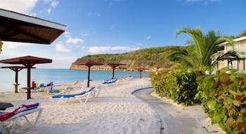 Dickenson Bay Beach qui includes paysages côtiers, une plage de sable et côte escarpée