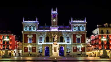 Valladolid ofreciendo escenas nocturnas, una estatua o escultura y una plaza