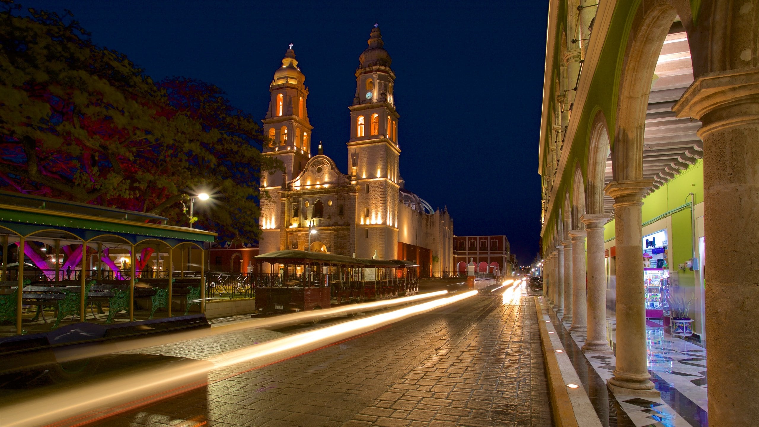 Campeche showing a church or cathedral, heritage architecture and night scenes