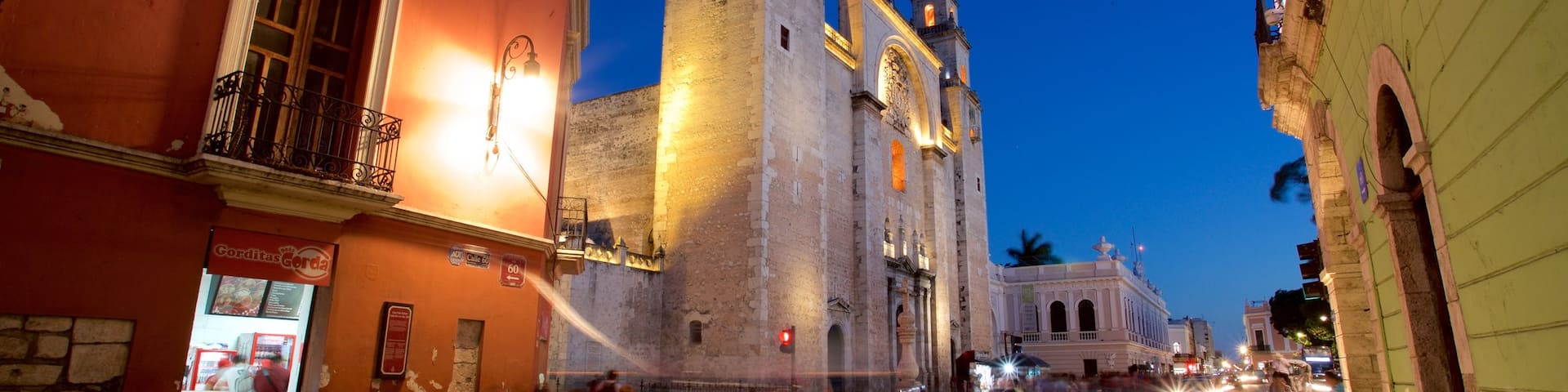 Merida Cathedral showing night scenes and heritage architecture